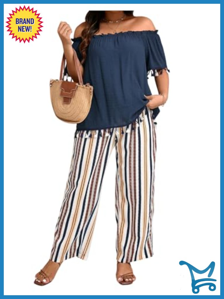 Plus Size Off Shoulder Blouse & Striped Pants Set 2 Piece Outfit